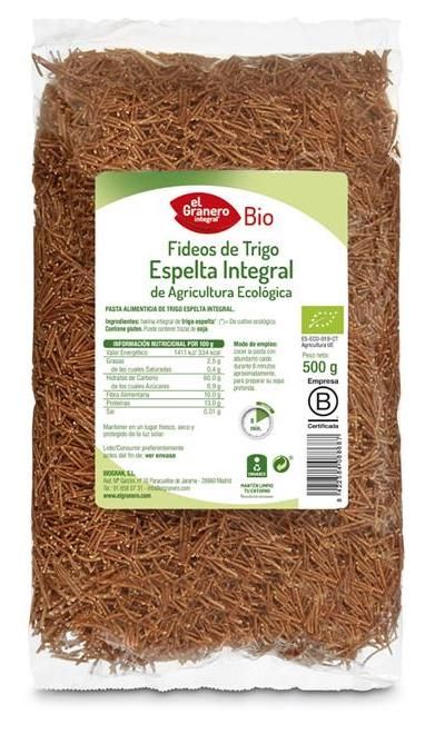 Fideos de Trigo Espelta Integral · El Granero Integral · 500 gramos