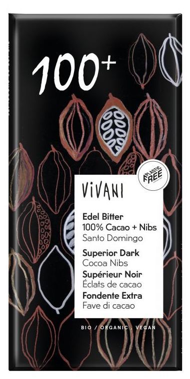 Chocolate Negro Superior 100% Cacao + Nibs · Vivani · 80 gramos