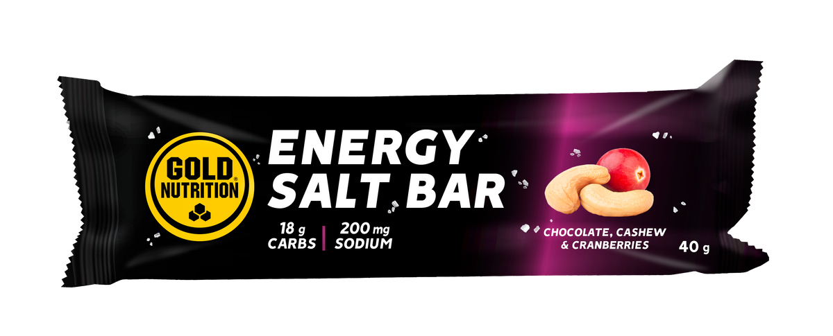 Endurance Salt Bar Chocolate, Anacardo y Arándanos · Gold Nutrition · 40 gramos