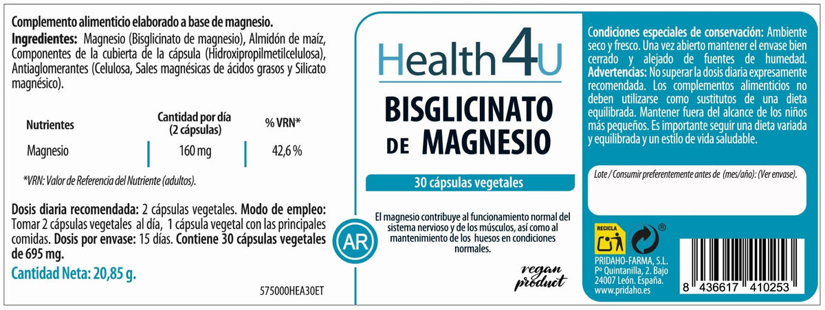 Bisglicinato de Magnesio · Health4U · 30 cápsulas