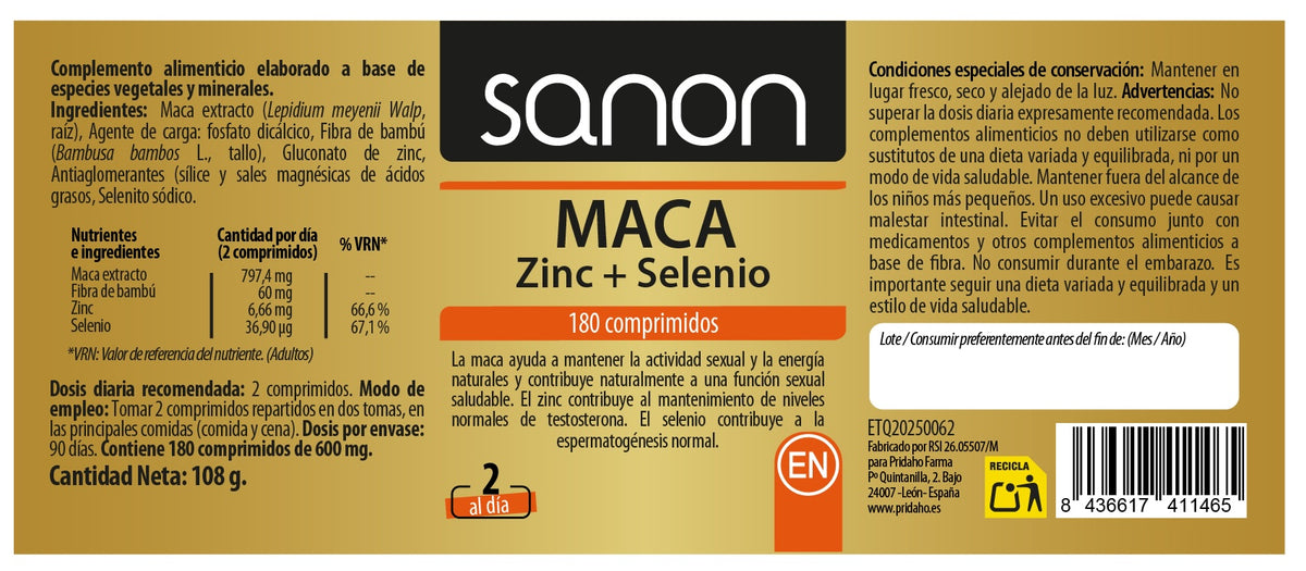 Maca, Zinc + Selenio · Sanon · 180 comprimidos