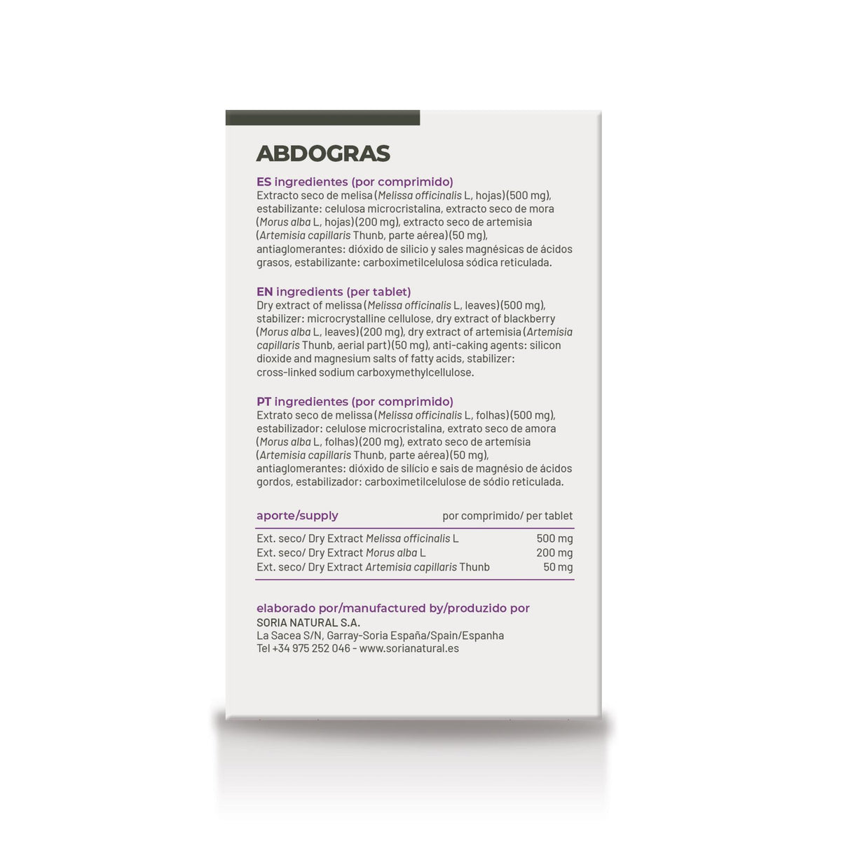 Abdogras · Soria Natural · 28 comprimidos - reverso etiqueta