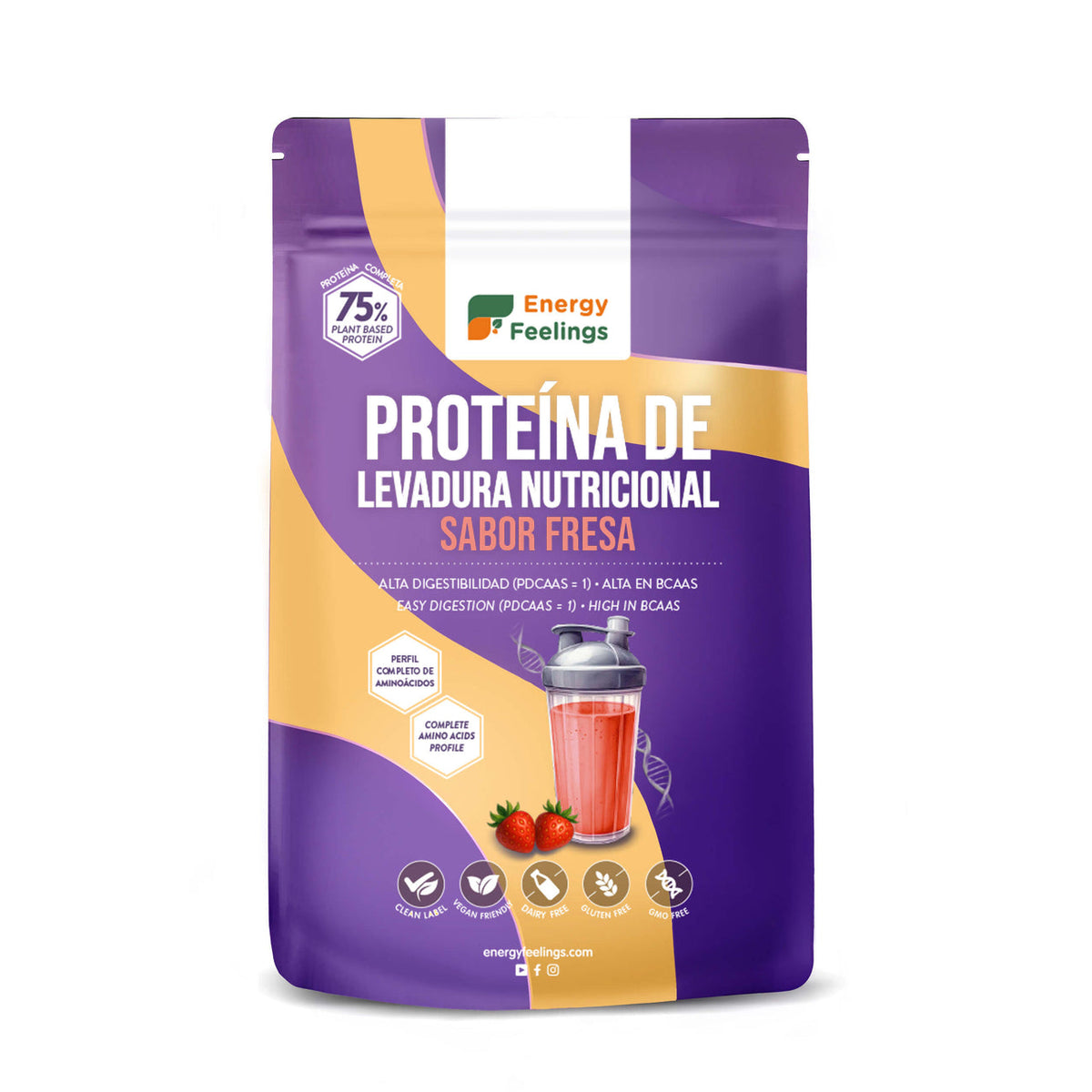 Proteína de Levadura Nutricional 75% Fresa · Energy Feelings · 500 gramos