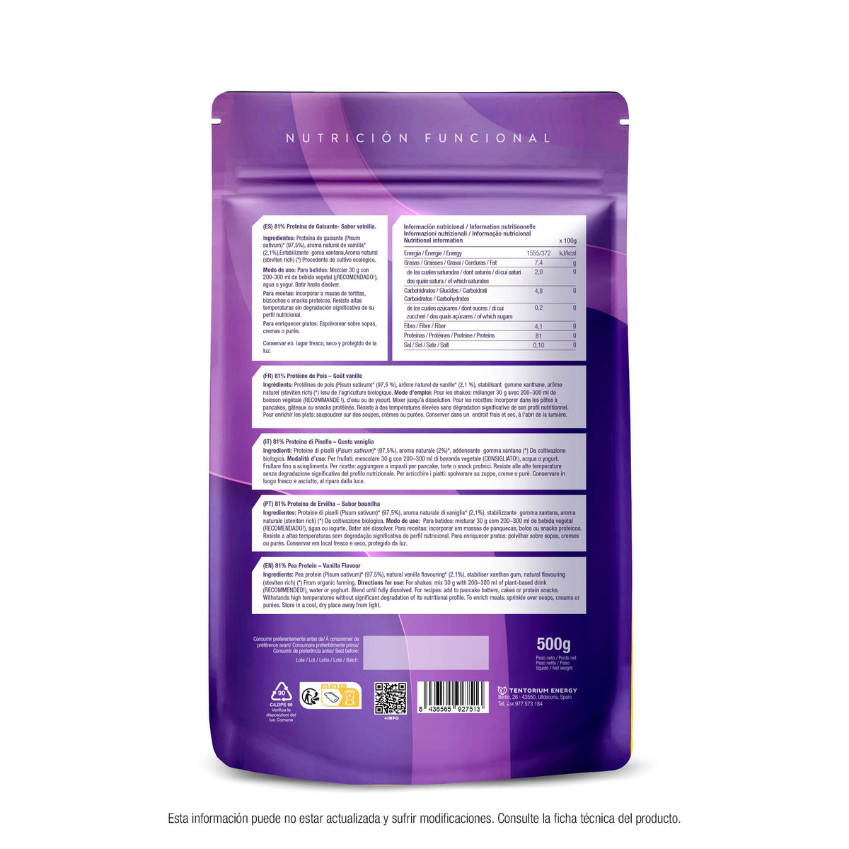 Proteína de Guisante Eco Sabor Vainilla Energy Feelings 500g - reverso