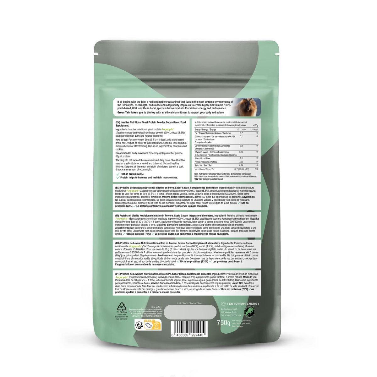 Proteína de Levadura Nutricional 73% Cacao · Green Tahr · 750 gramos