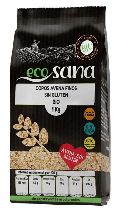 Copos de Avena Finos Integrales Sin Gluten Bio · Ecosana · 1 kg