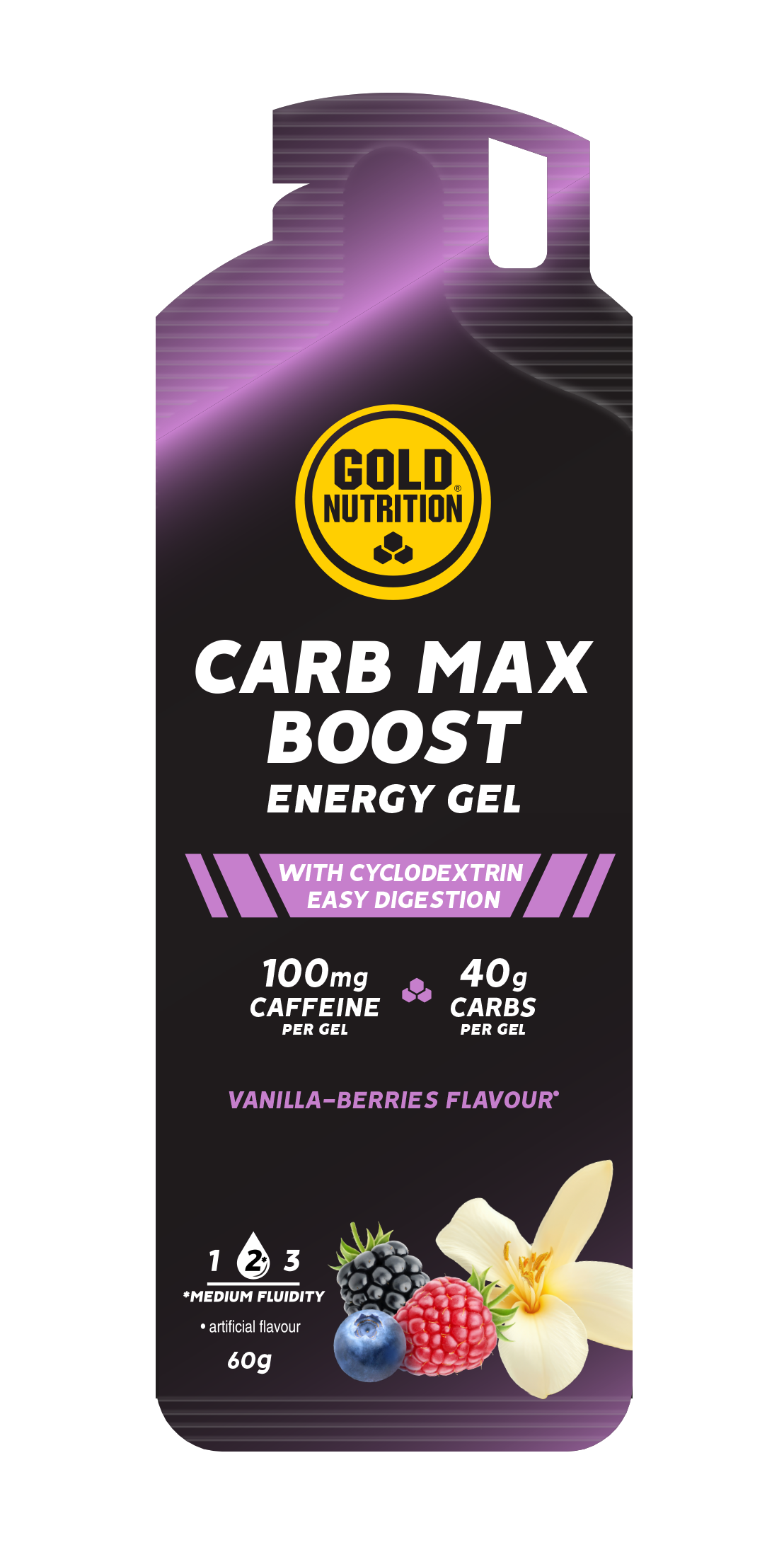 Carb Max Energy Gel Vainilla y Frutos Rojos · Gold Nutrition · 60 gramos
