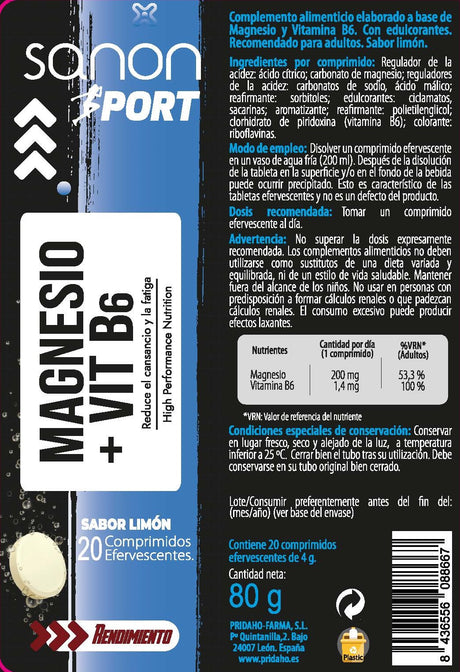 Magnesio + Vitamina B6 · Sanon Sport · 20 comprimidos efervescentes