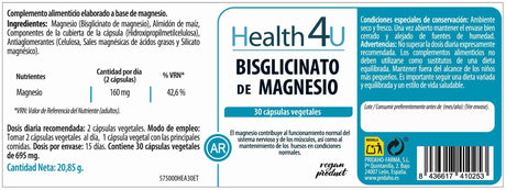 Bisglicinato de Magnesio · Health4U · 30 cápsulas