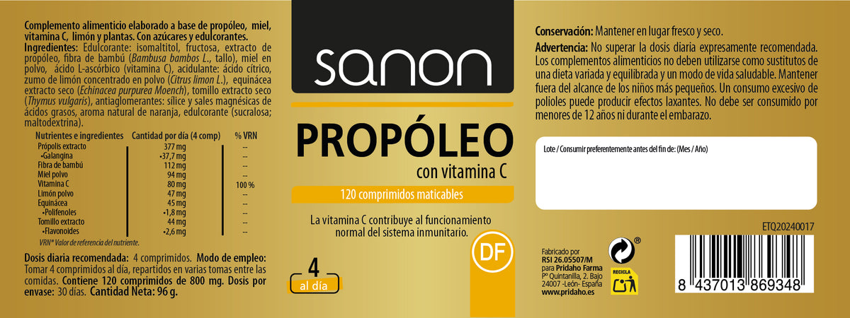 Propóleos con Vitamina C · Sanon · 120 comprimidos masticables