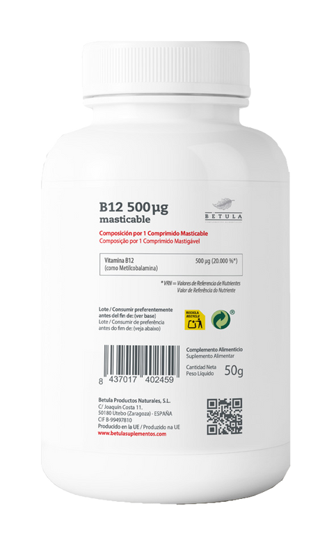 Vitamina B12 500 mcg · Betula · 100 comprimidos masticables