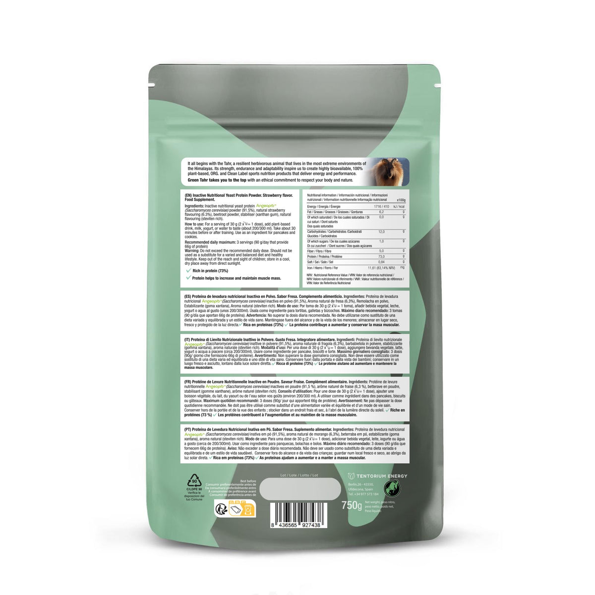 Proteína de Levadura Nutricional 73% Fresa · Green Tahr · 750 gramos