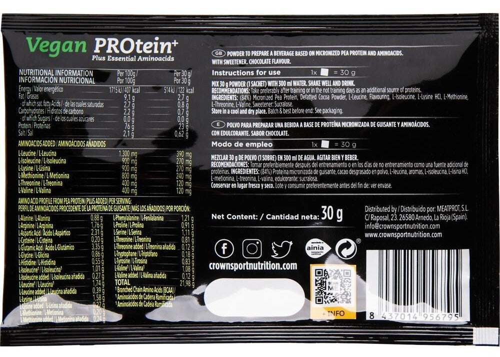 Vegan PROtein+ Chocolate · Crown Sport Nutrition · 30 gramos